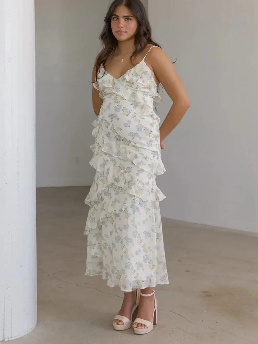 White Floral Ruffle tiered Midi Dress